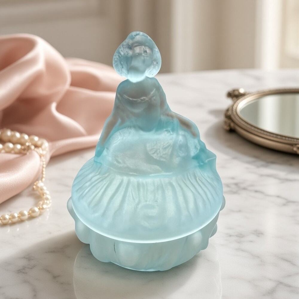 Vintage Toussant Frosted Blue Glass Lady Powder Jar Figural Trinket Dish